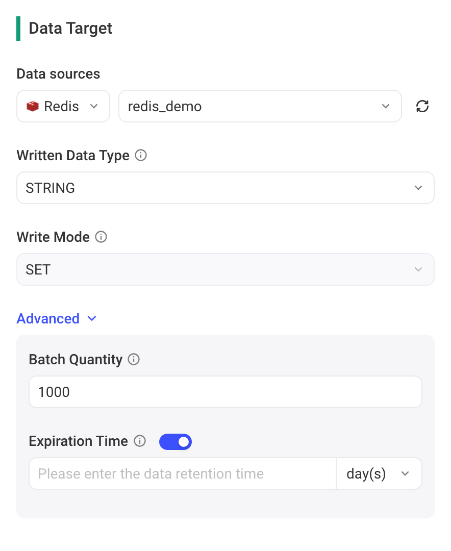 数据去向选 Redis：写入数据类型、写入模式、批量条数和过期时间