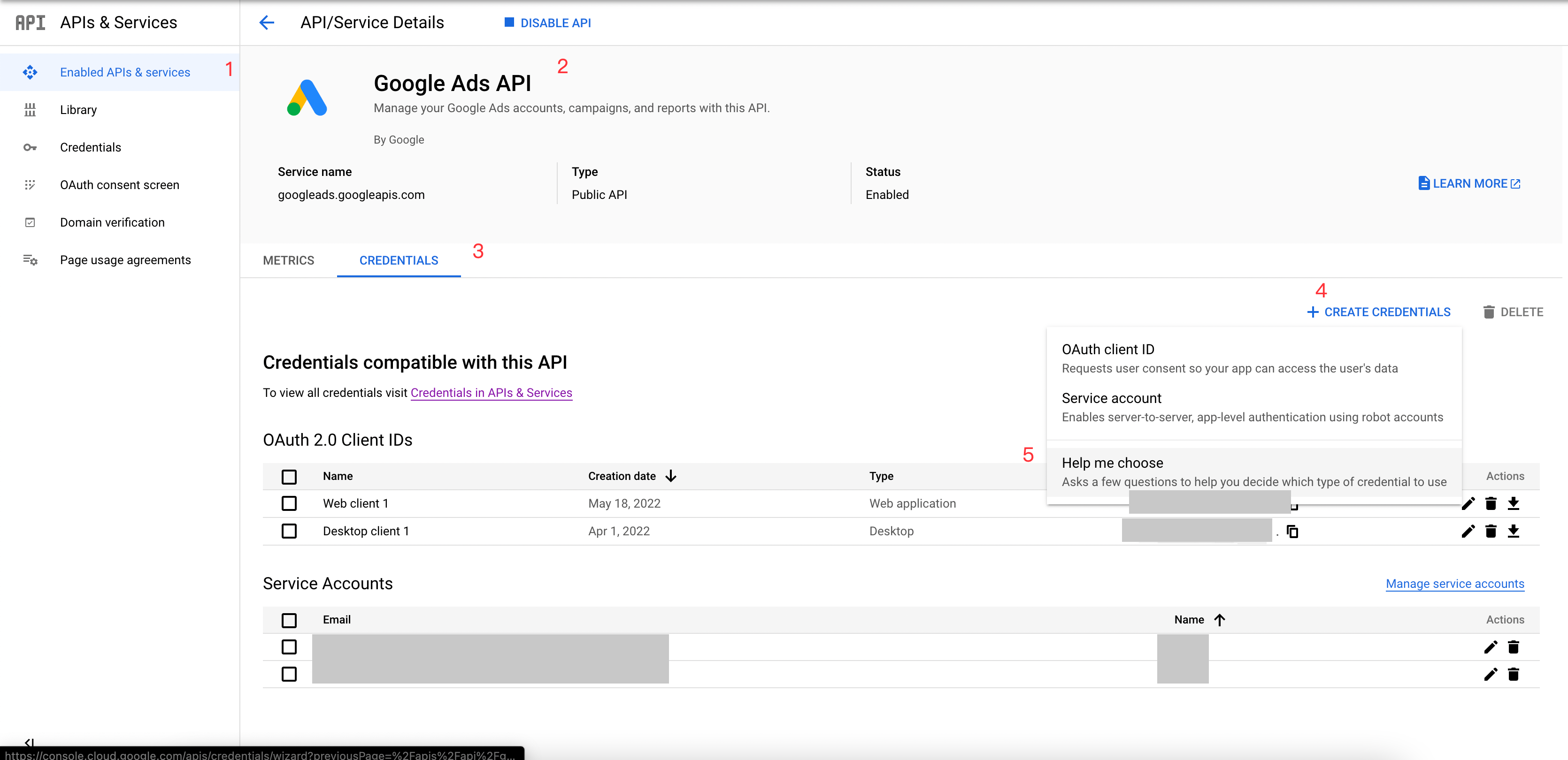Google Ads API 详情页，序号标出凭据标签页、创建凭据和 Help me choose