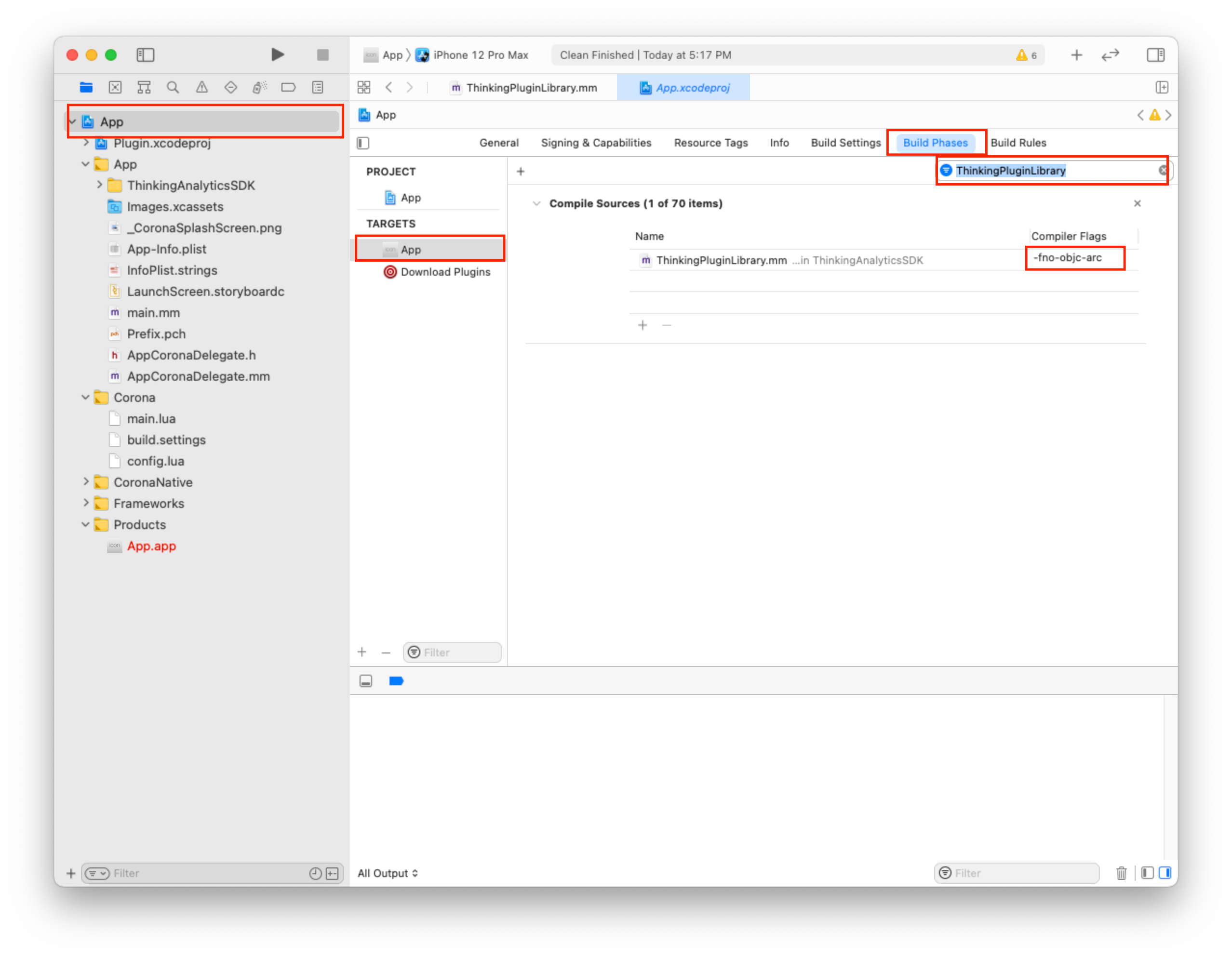Xcode 的 Build Phases 中给 ThinkingPluginLibrary.mm 加 -fno-objc-arc