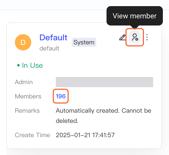 Default 空间卡片，框出「查看成员」图标和成员数，两处都可进入成员管理