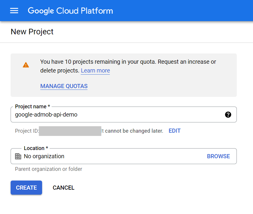 Google Cloud Platform 新建项目页，填写项目名称和位置后点 CREATE
