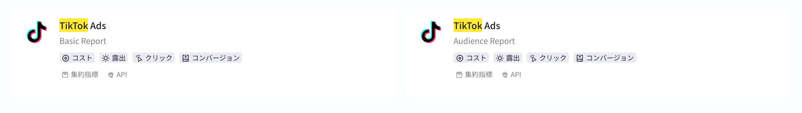 选择三方集成平台中 TikTok Ads 的 Basic Report 和 Audience Report 卡片