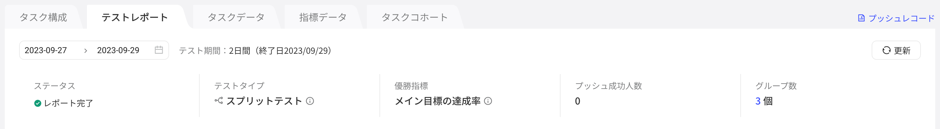 实验报告基本信息：实验周期、状态、实验类型、优胜指标、推送成功人数和实验分组数
