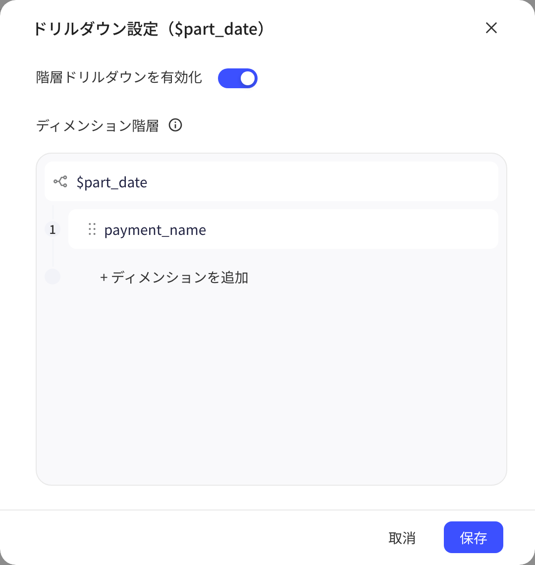 下钻配置弹窗：开启层级下钻，在维度层级下添加了一级下钻维度