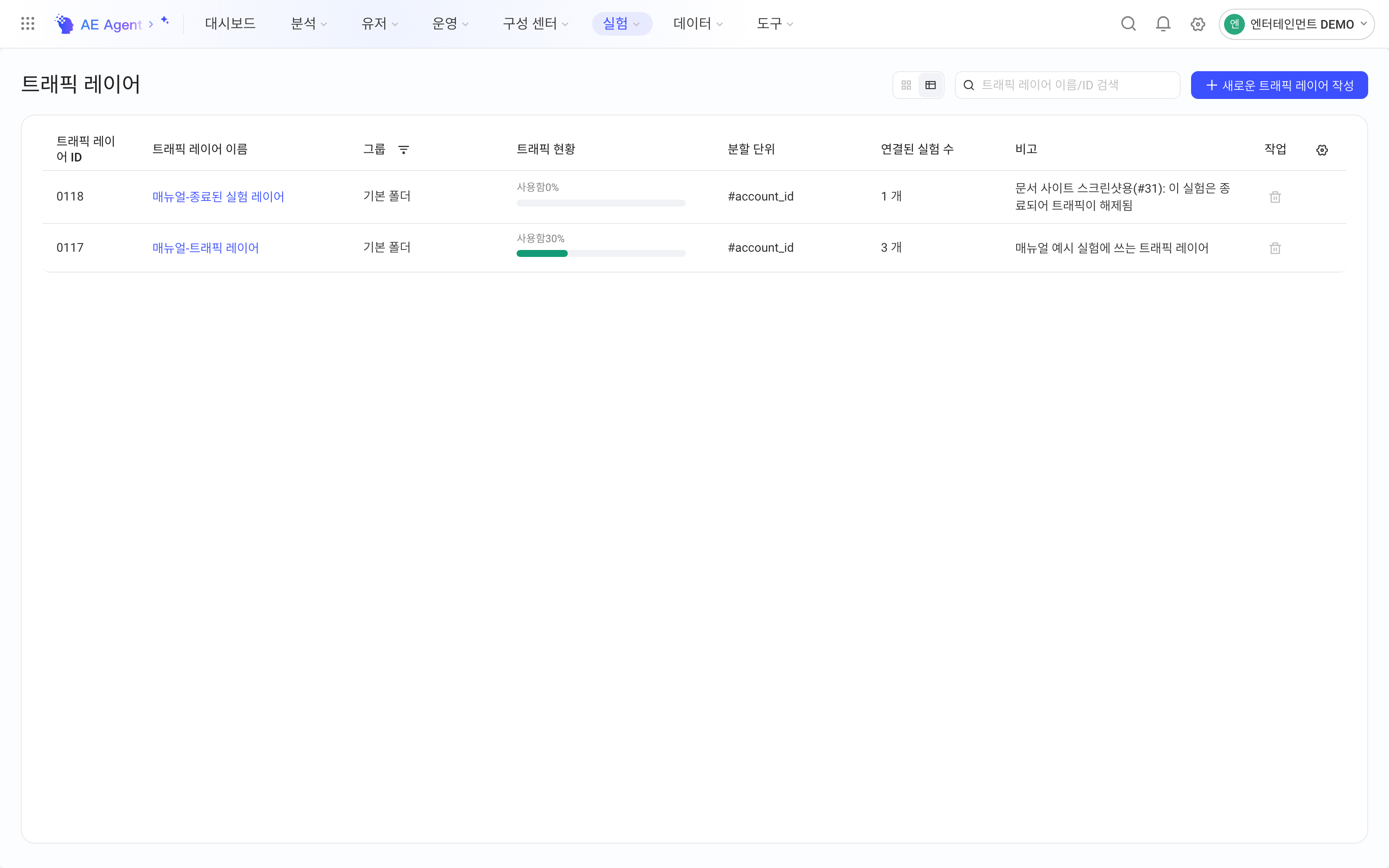 流量层列表视图，实验结束后流量层的流量占用显示已用 0%