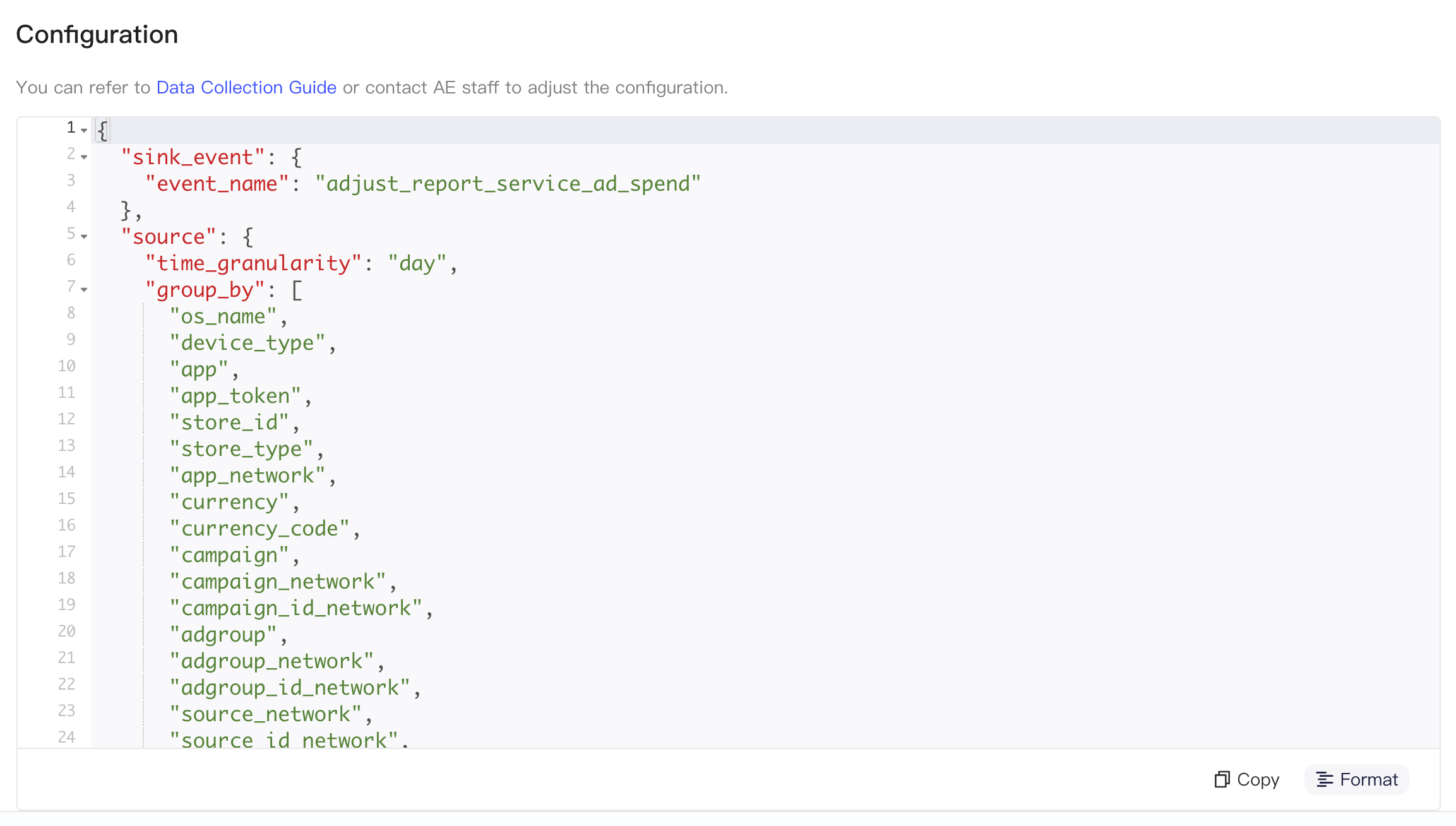 Adjust Report Service API 的集成配置 JSON，含入库事件名和分组维度