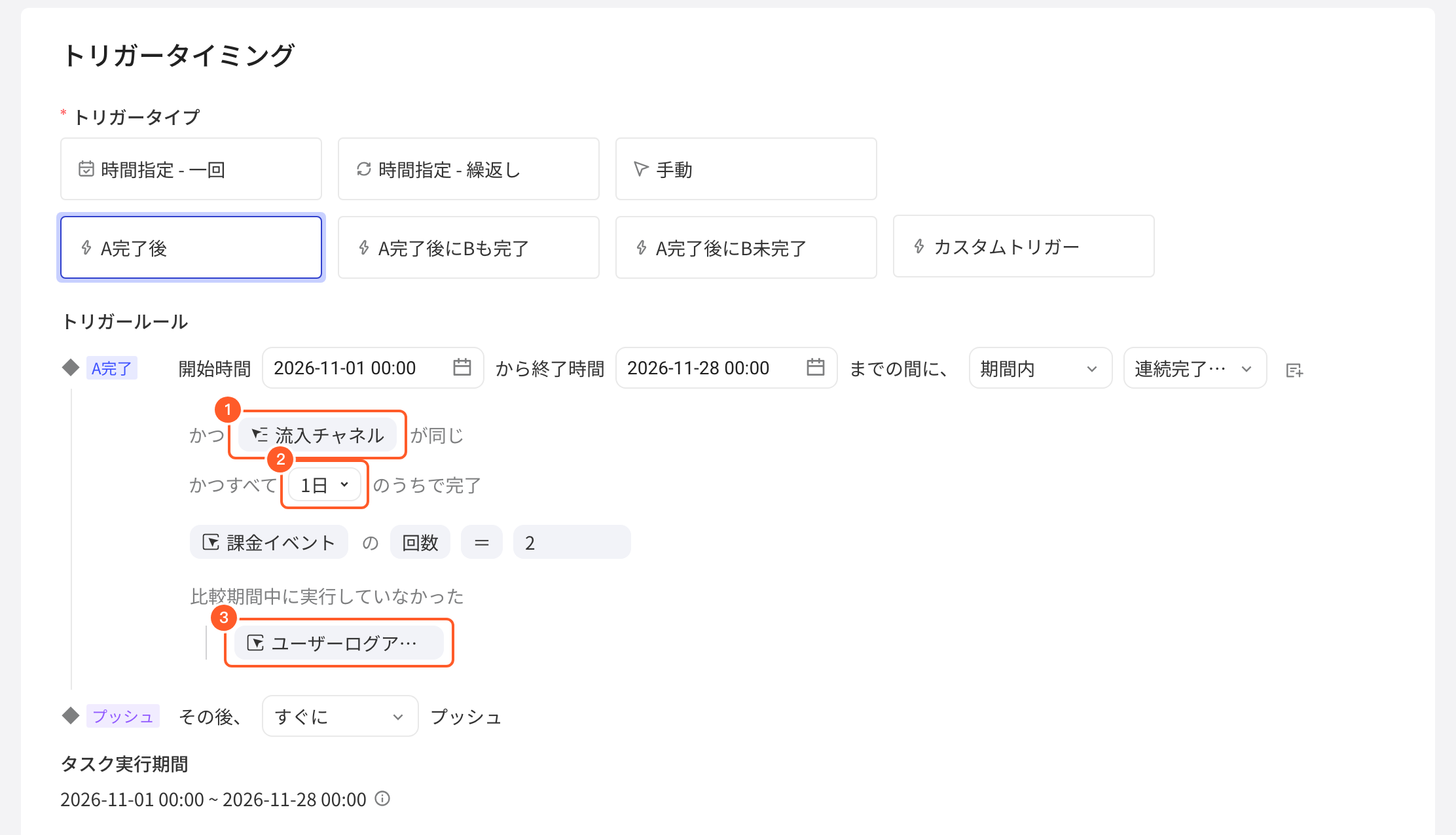 每连续完成的触发规则，标出关联属性、序列时间窗口和中间未做过的黑名单事件
