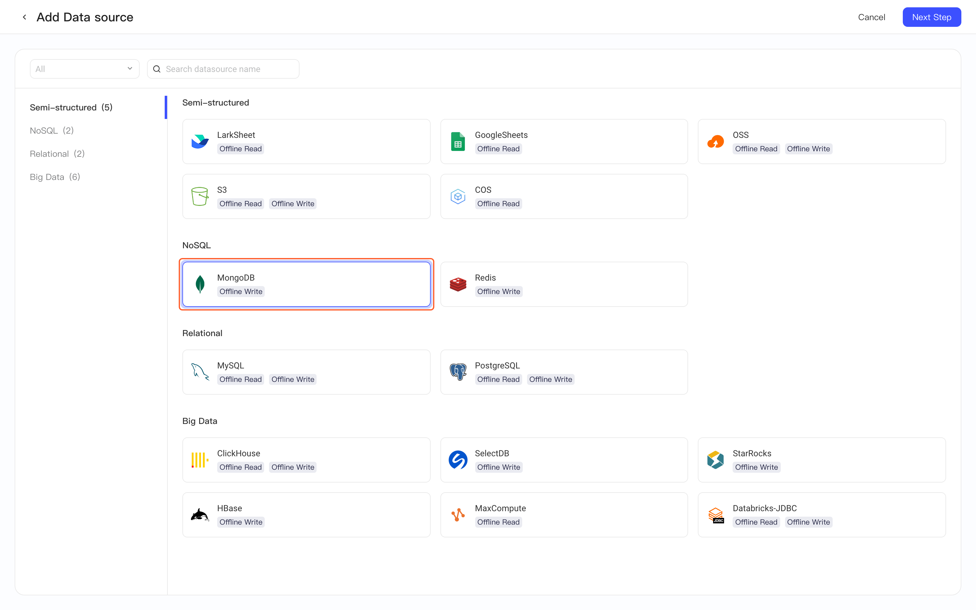 新增数据源的类型选择页，选中并框出「MongoDB」卡片