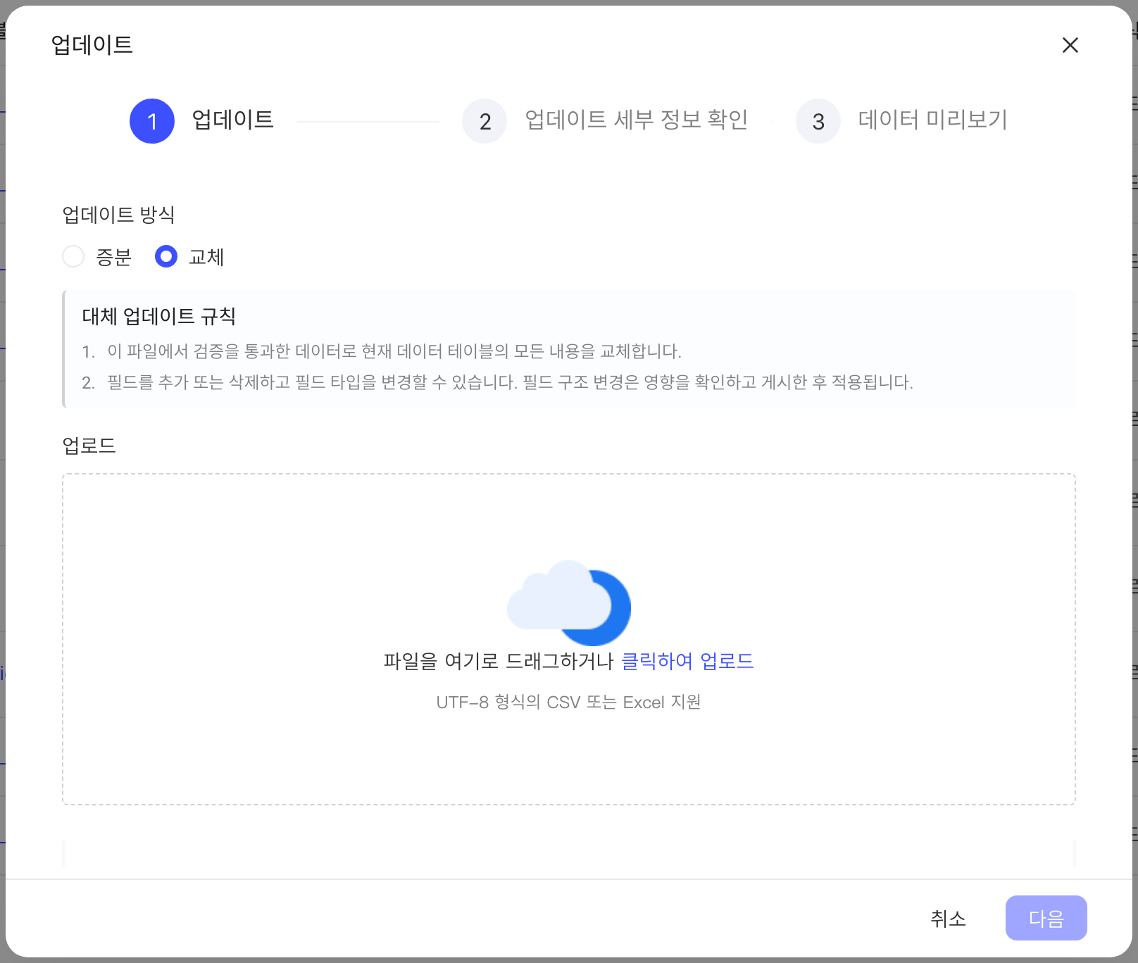 更新数据表弹窗，更新方式选「替换更新」，下方是替换更新规则和上传区