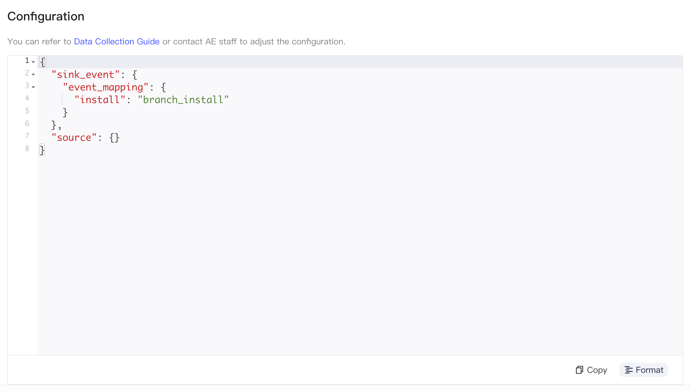 集成配置区块中格式化后的 JSON，把 install 事件映射为 branch_install