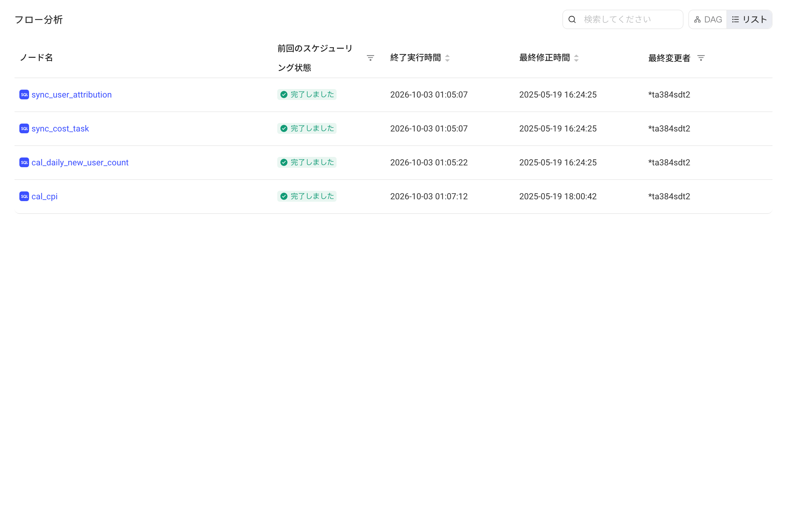线上模式任务流展示区的列表视图，列出各节点的调度状态和修改信息