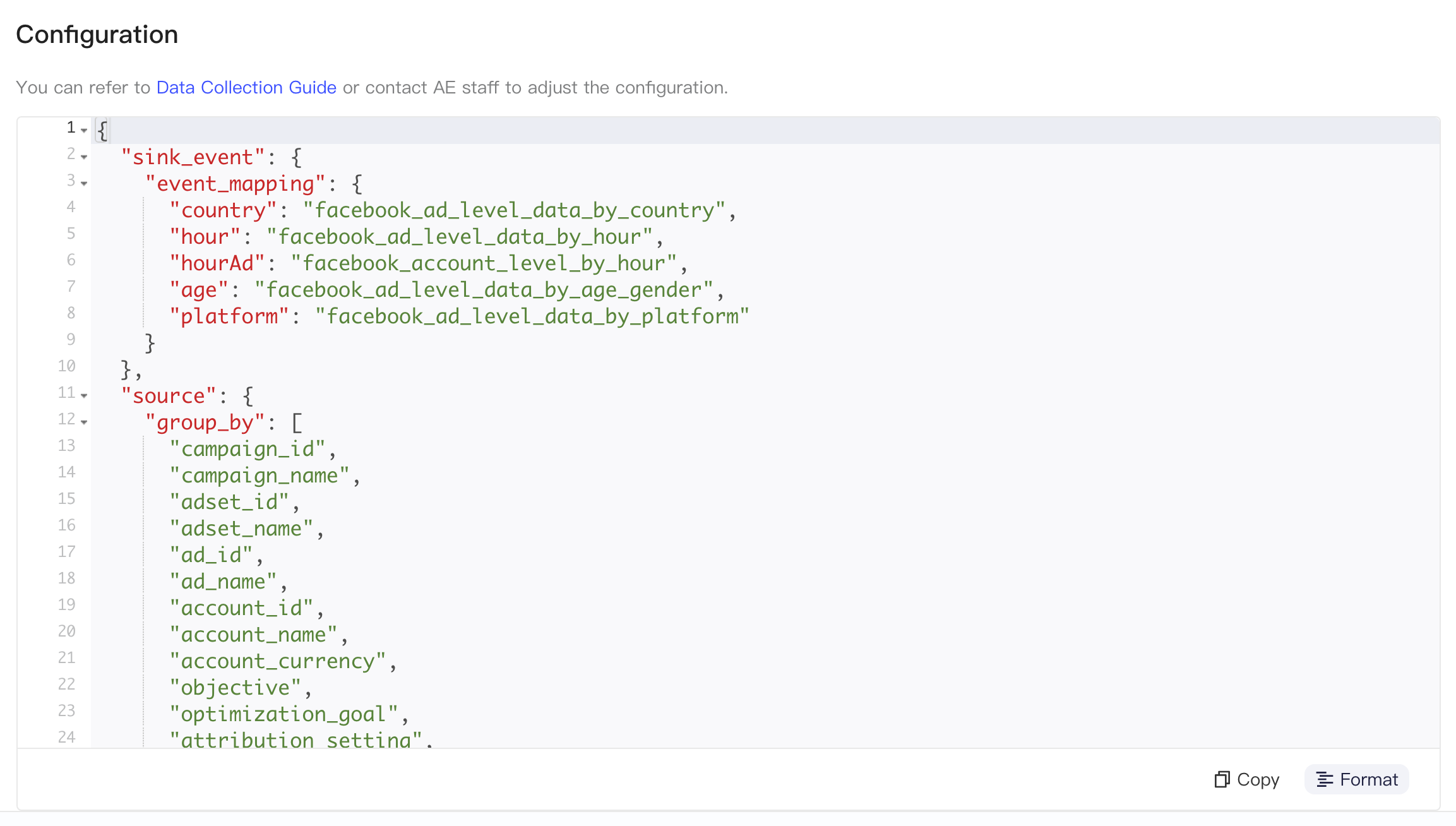 Meta (Facebook) Insights API 集成方案的集成配置区块，格式化后的 JSON 配置和复制、格式化按钮