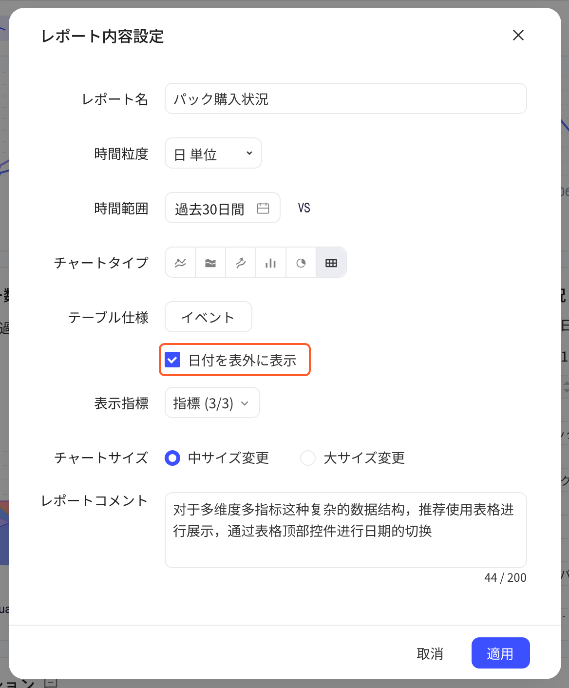看板「报表内容设置」弹窗，表格样式为按分组时勾选「日期在表格外展示」