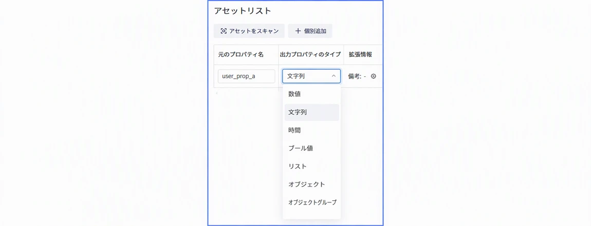 跨源实体表资产列表展开输出属性类型下拉：数值、文本、时间、布尔、列表、对象、对象组