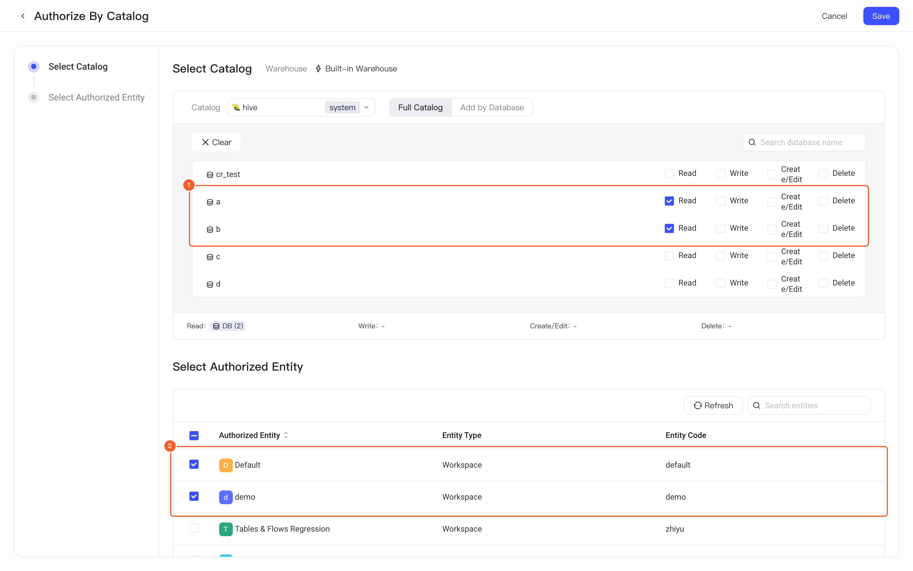 按数据目录授权编辑页，给 hive 下库 a、b 勾选读权限，并选中主体 Default、demo