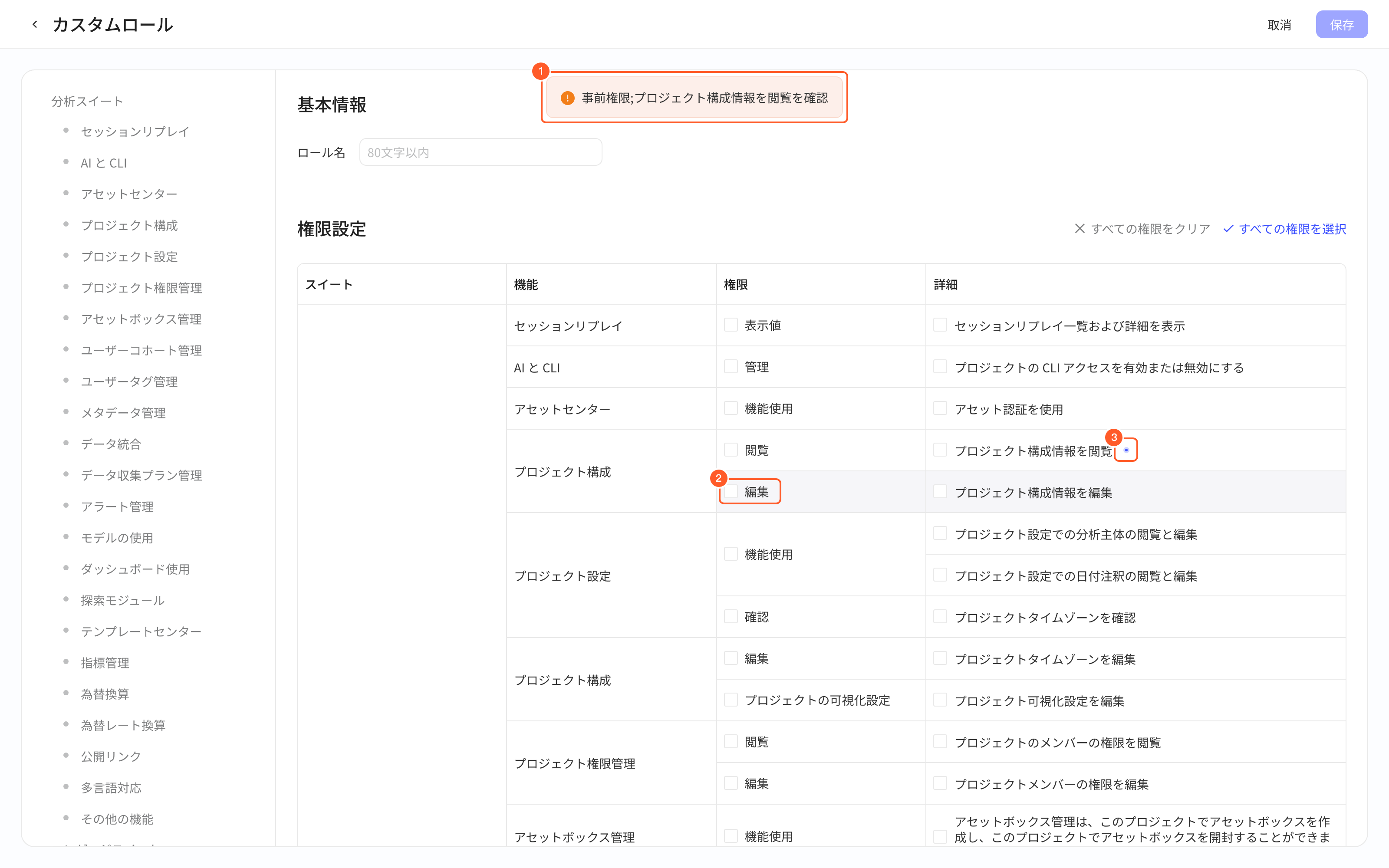 在空白的自定义角色里直接勾选「项目接入 → 编辑」，页面顶部提示需先勾选的前置权限，前置权限旁出现浮点；1 = 提示，标注刚勾选的权限、前置权限的浮点