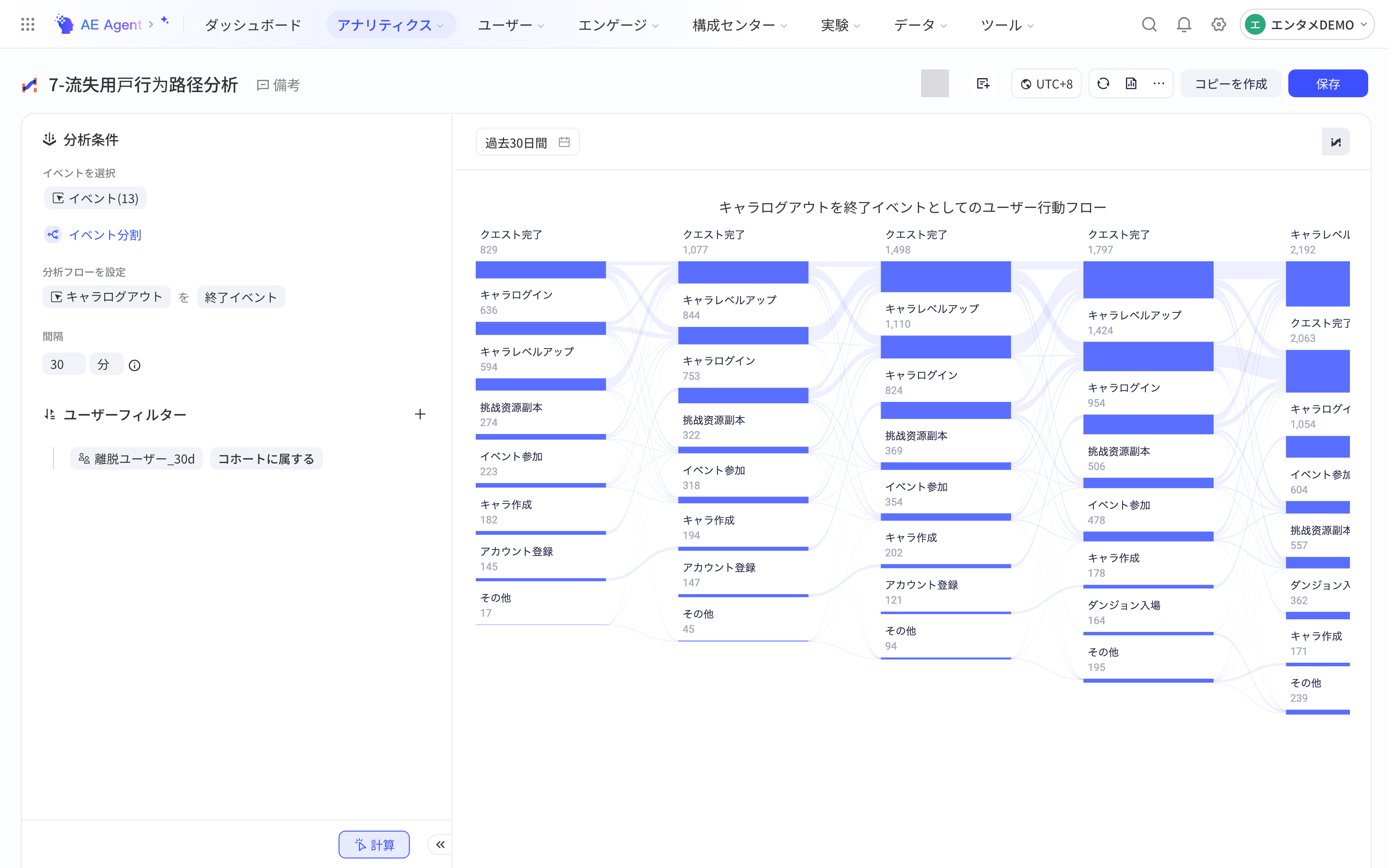 路径分析筛选流失用户分群，用桑基图查看流失用户的行为路径