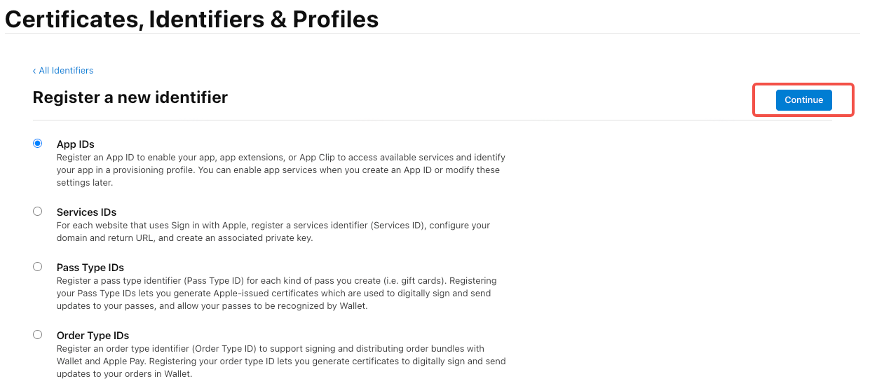 苹果开发者后台「Register a new identifier」页，选中「App IDs」类型，框出右上角「Continue」按钮