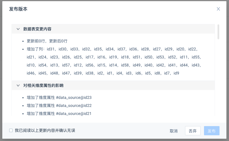 数据表「发布版本」弹窗，列出数据表变更内容和对相关维度属性的影响