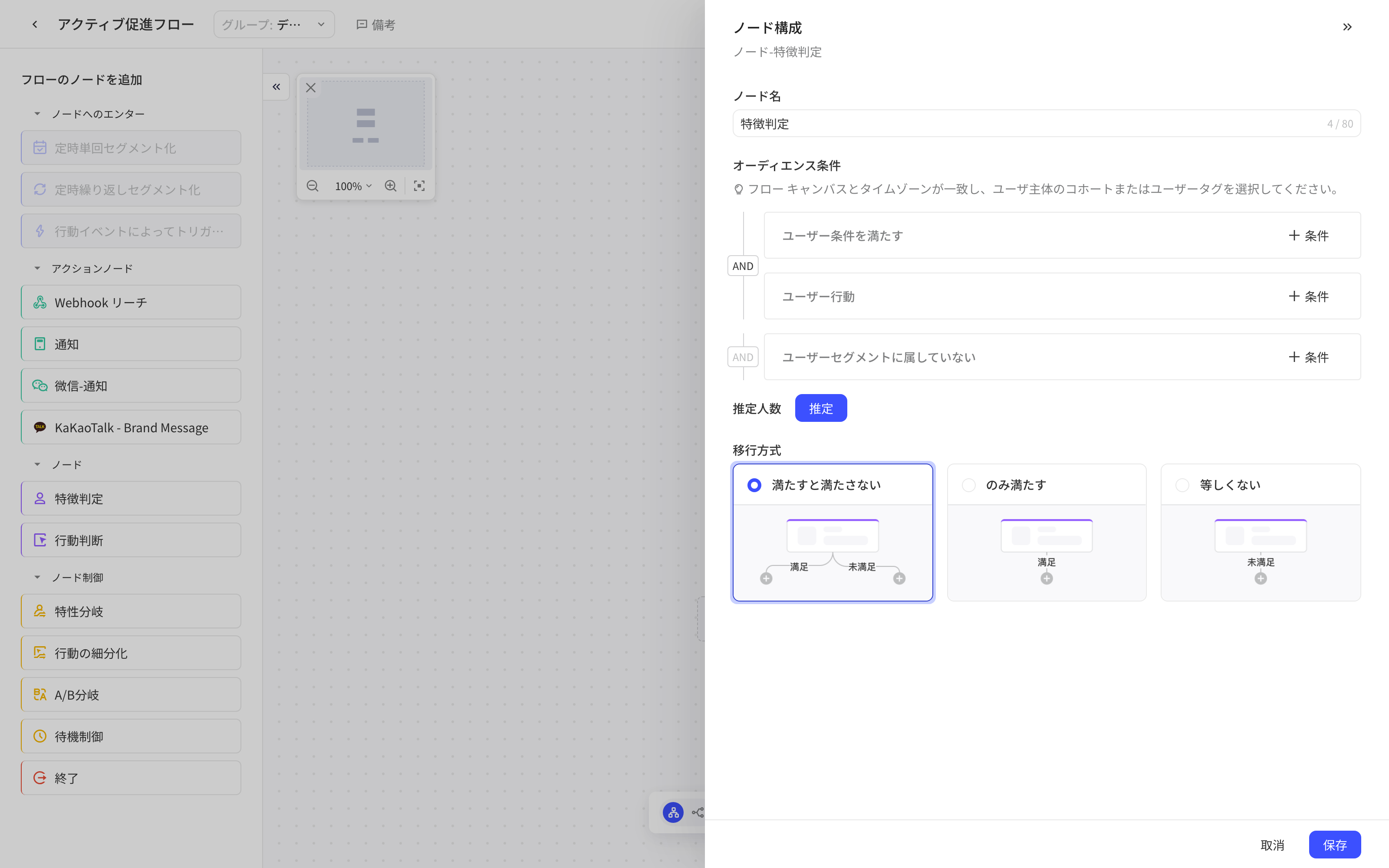 「特征判断」节点配置抽屉，含受众条件、预估人数和全部、仅满足、仅不满足三种流转方式
