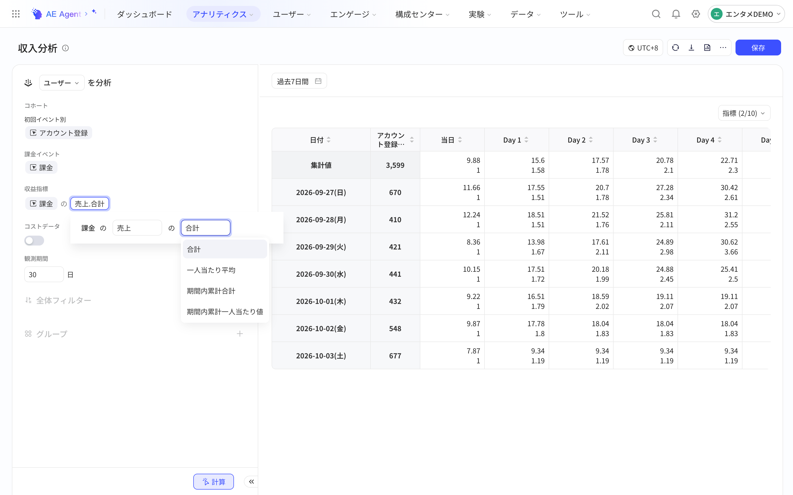 收入分析的收入口径面板，展开总和、人均值、周期累计等计算方式下拉