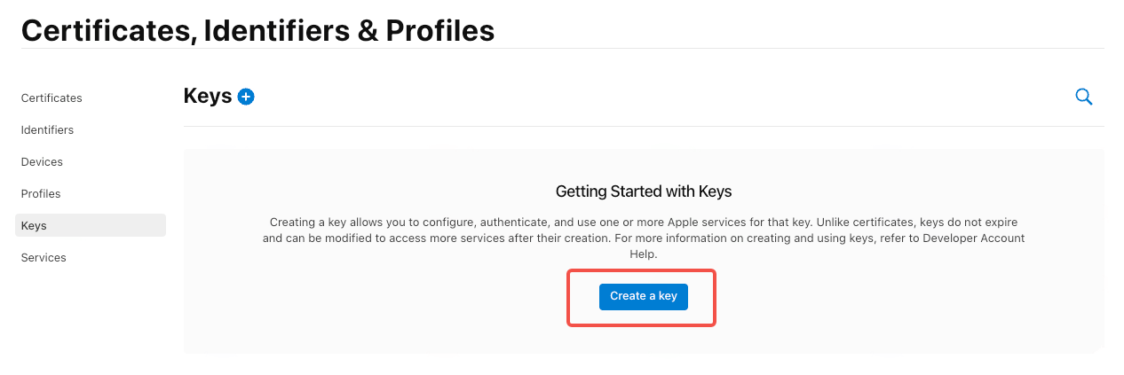 苹果开发者后台 Keys 页的「Getting Started with Keys」区，框出「Create a key」按钮