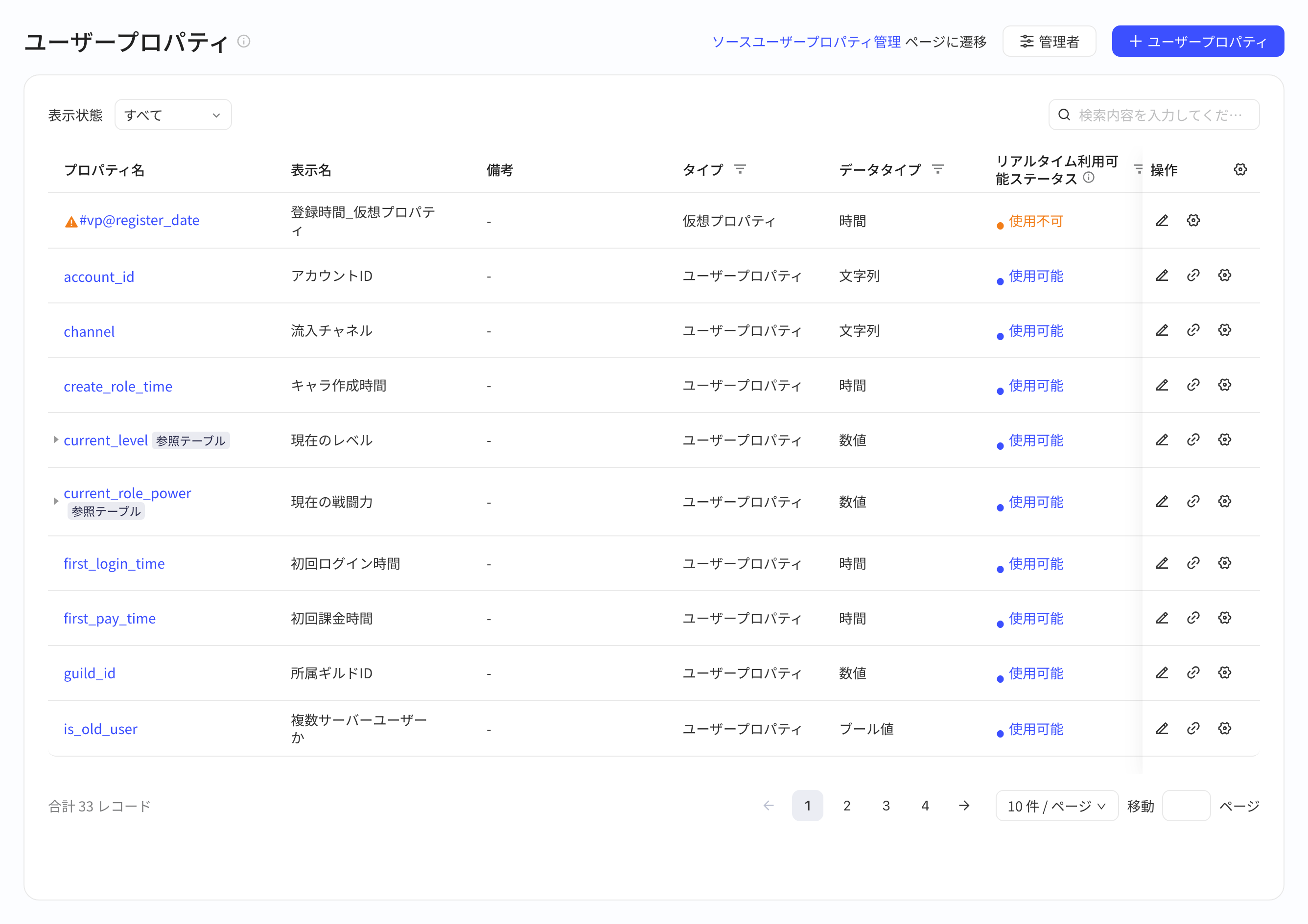 用户属性列表页，「实时可用状态」列标明属性能否用于实时应用