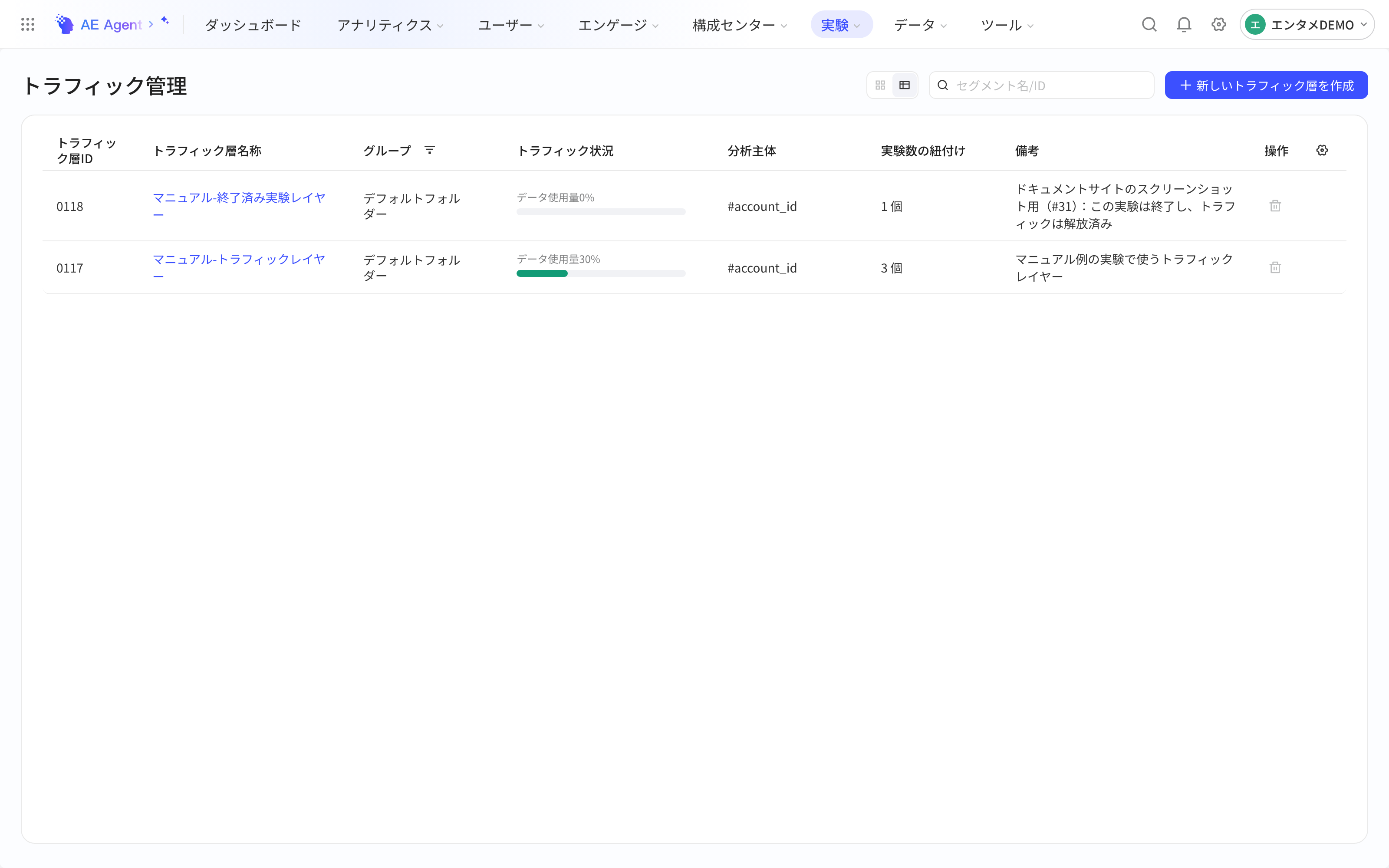 流量层列表，显示层 ID、名称、流量占用、分流主体、关联实验和备注
