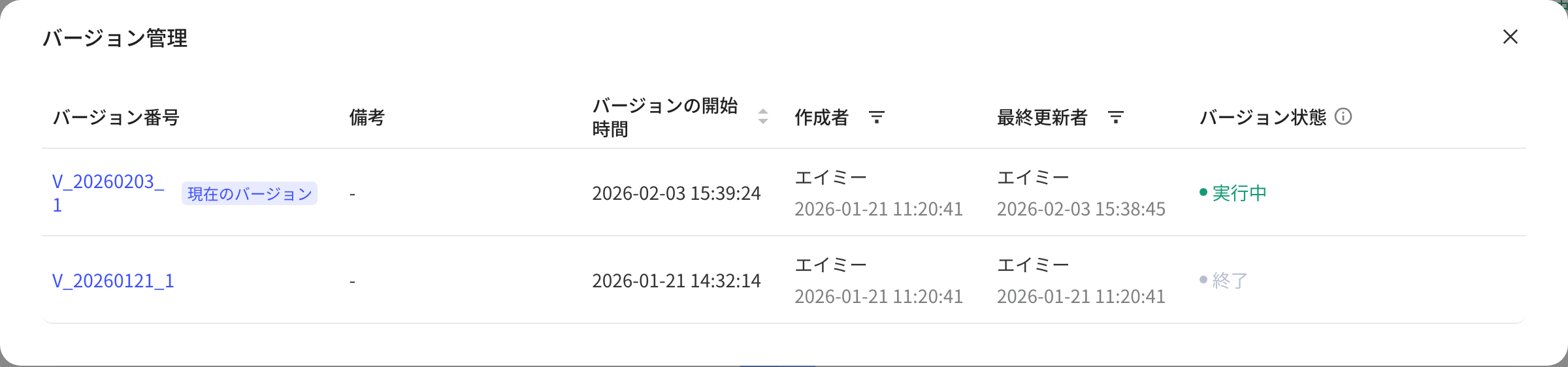 「版本管理」弹窗：版本号、上线时间、创建人、最后修改人和版本实例状态