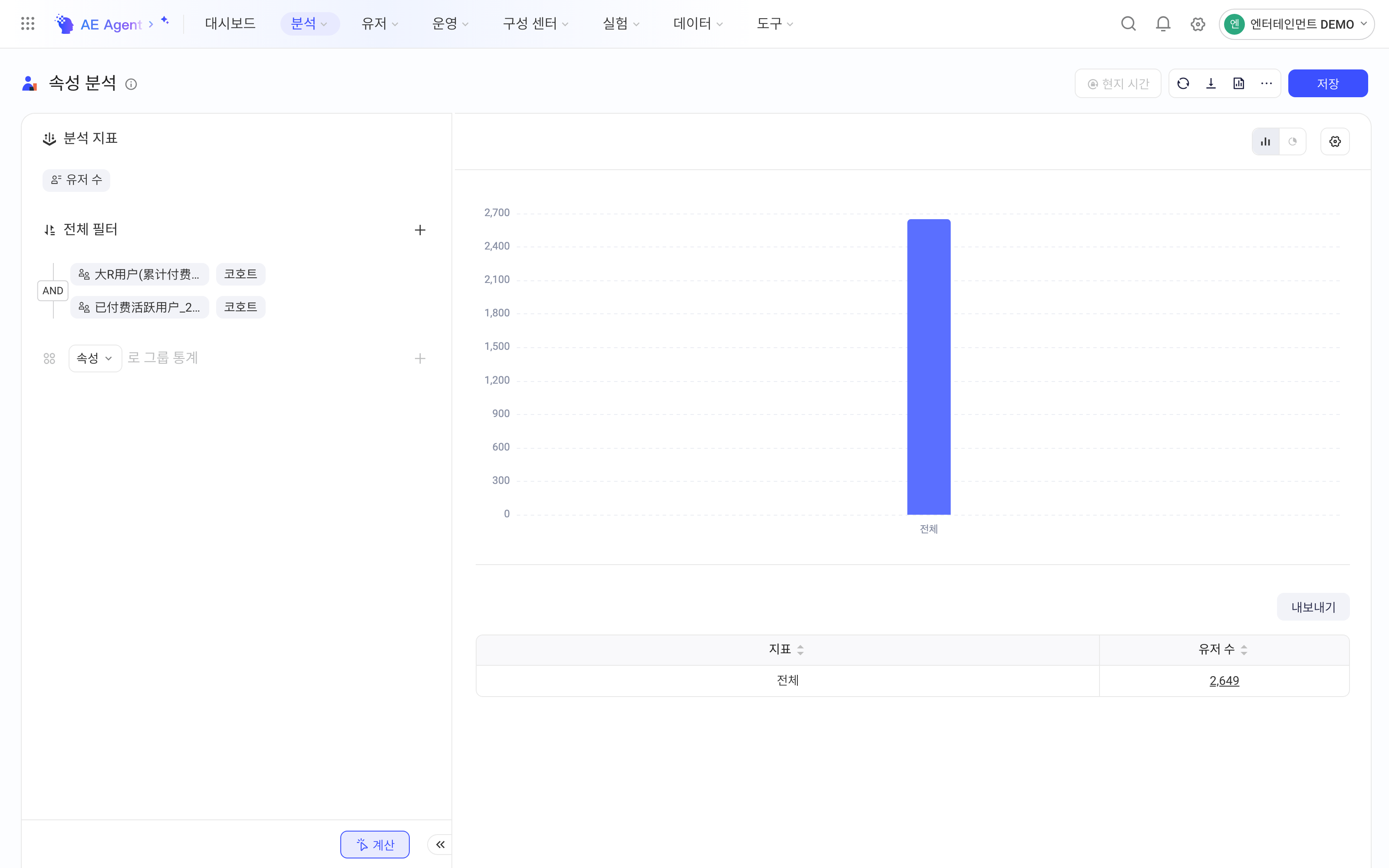属性分析的全局筛选以「且」叠加多个用户分群，计算同时属于这些分群的用户数
