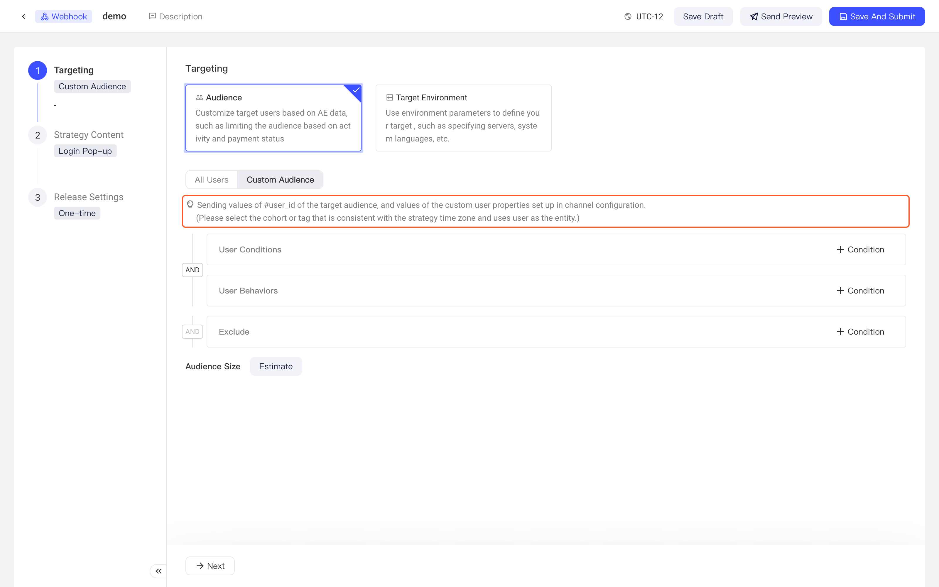 Webhook 策略的目标用户选自定义人群，框出下发 #user_id 及自定义参数的提示