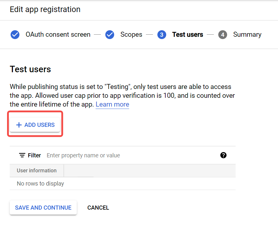 Edit app registration 的 Test users 步骤，框出 ADD USERS 按钮