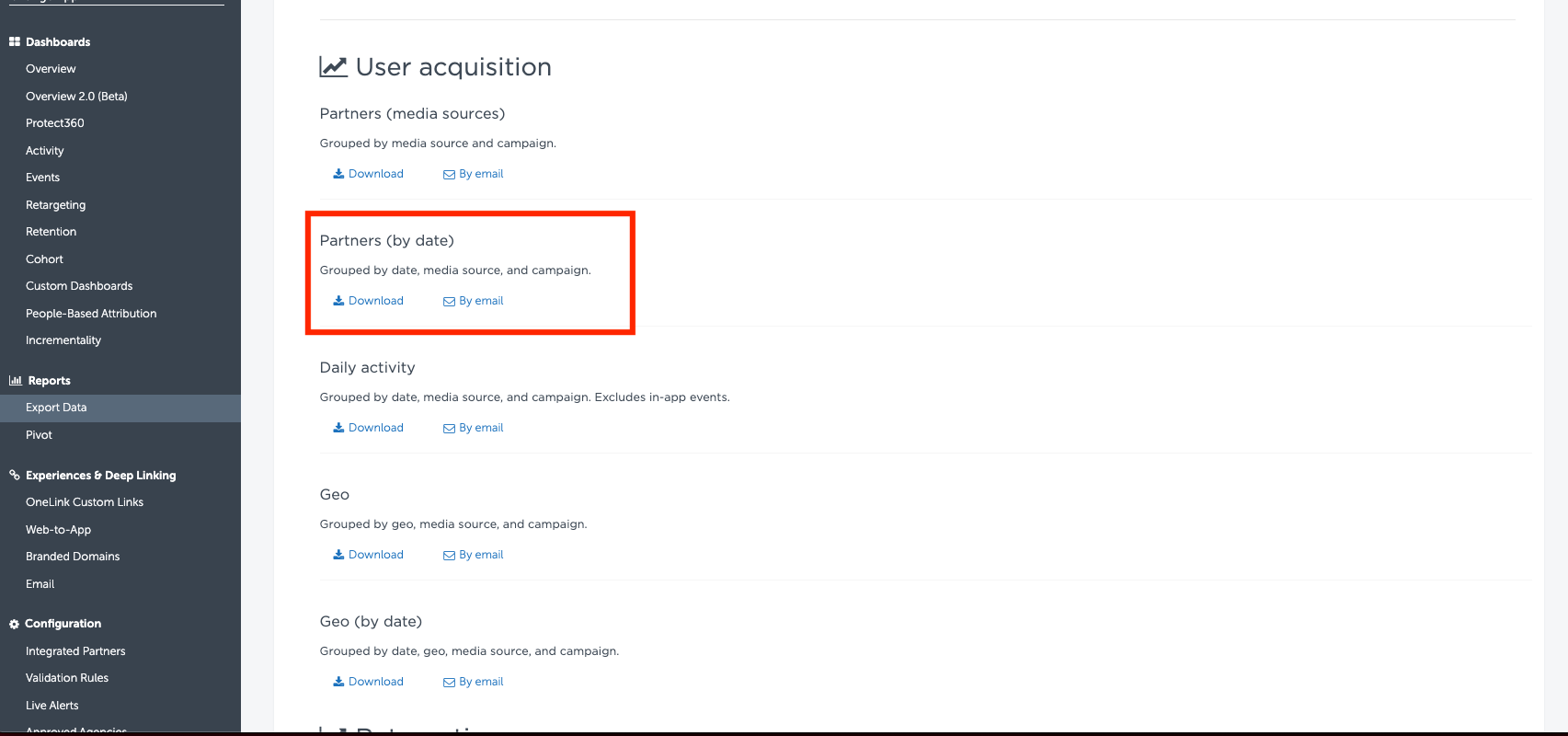 AppsFlyer Export Data 页的报告列表，红框标出 Partners (by date) 报告