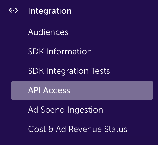 AppsFlyer 侧边栏 Integration 菜单，选中 API Access