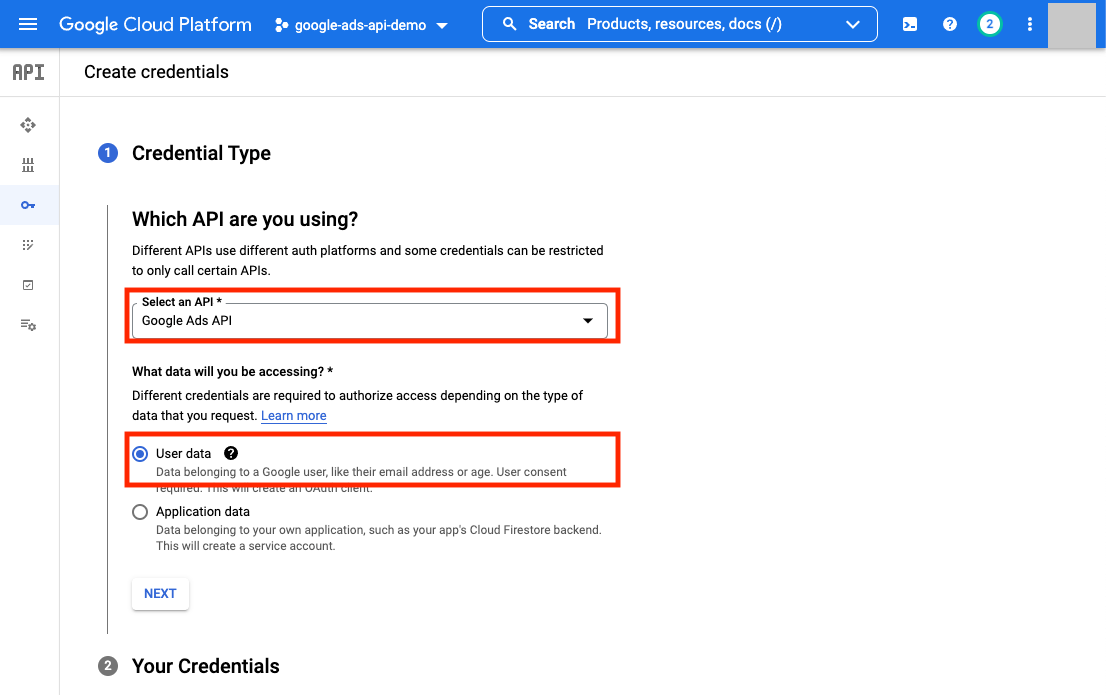 创建凭据第一步，框出 API 选 Google Ads API、数据类型选 User data