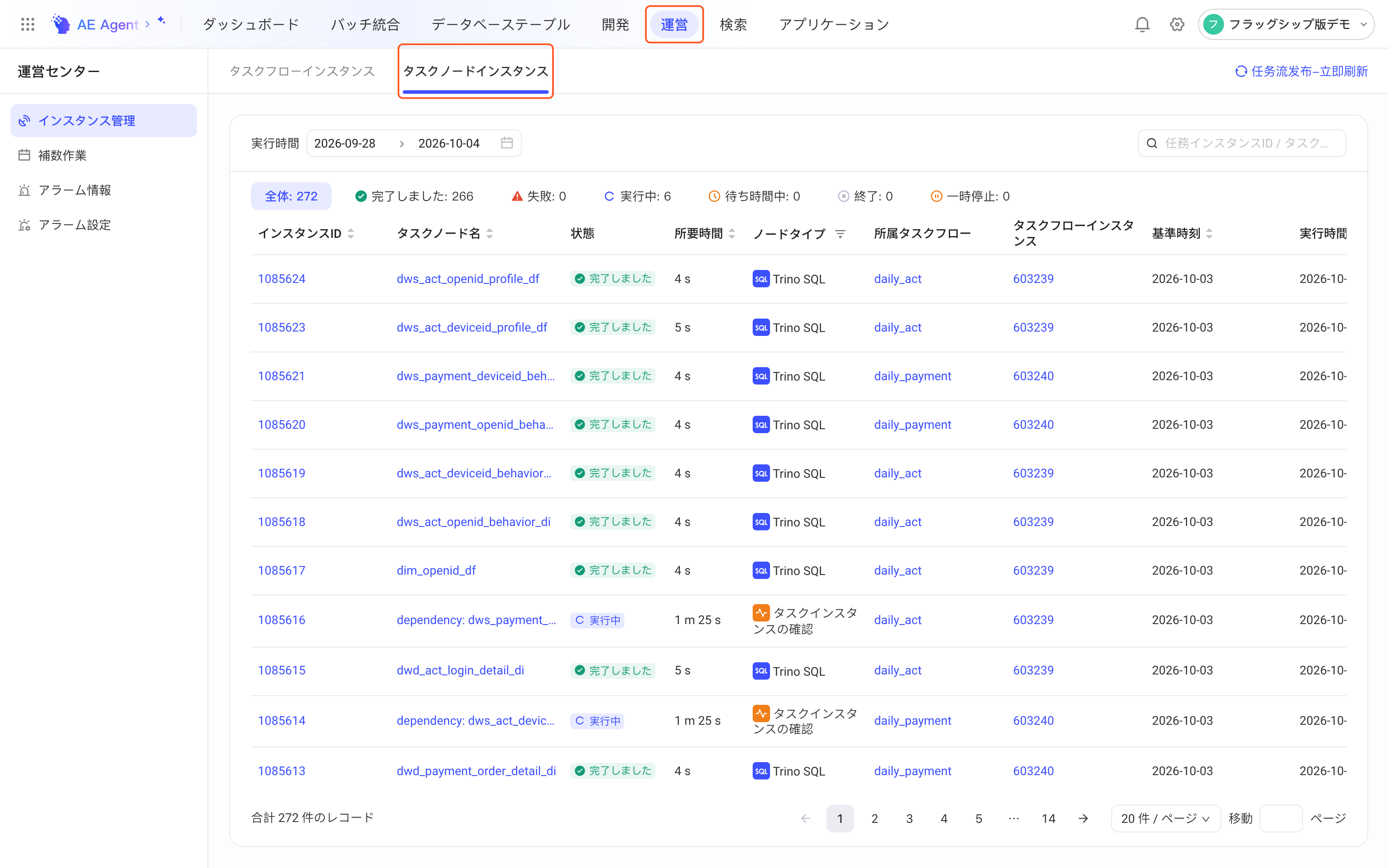 运维中心实例管理的「任务节点实例」页签，列出任务节点的运行实例和状态