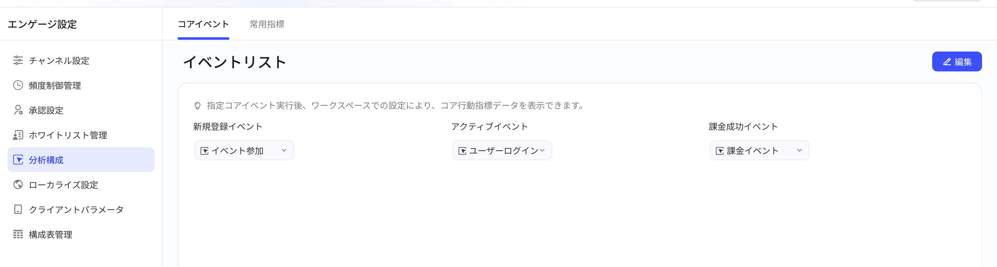 分析设置的核心事件页，为新增、活跃、充值成功事件分别指定对应事件