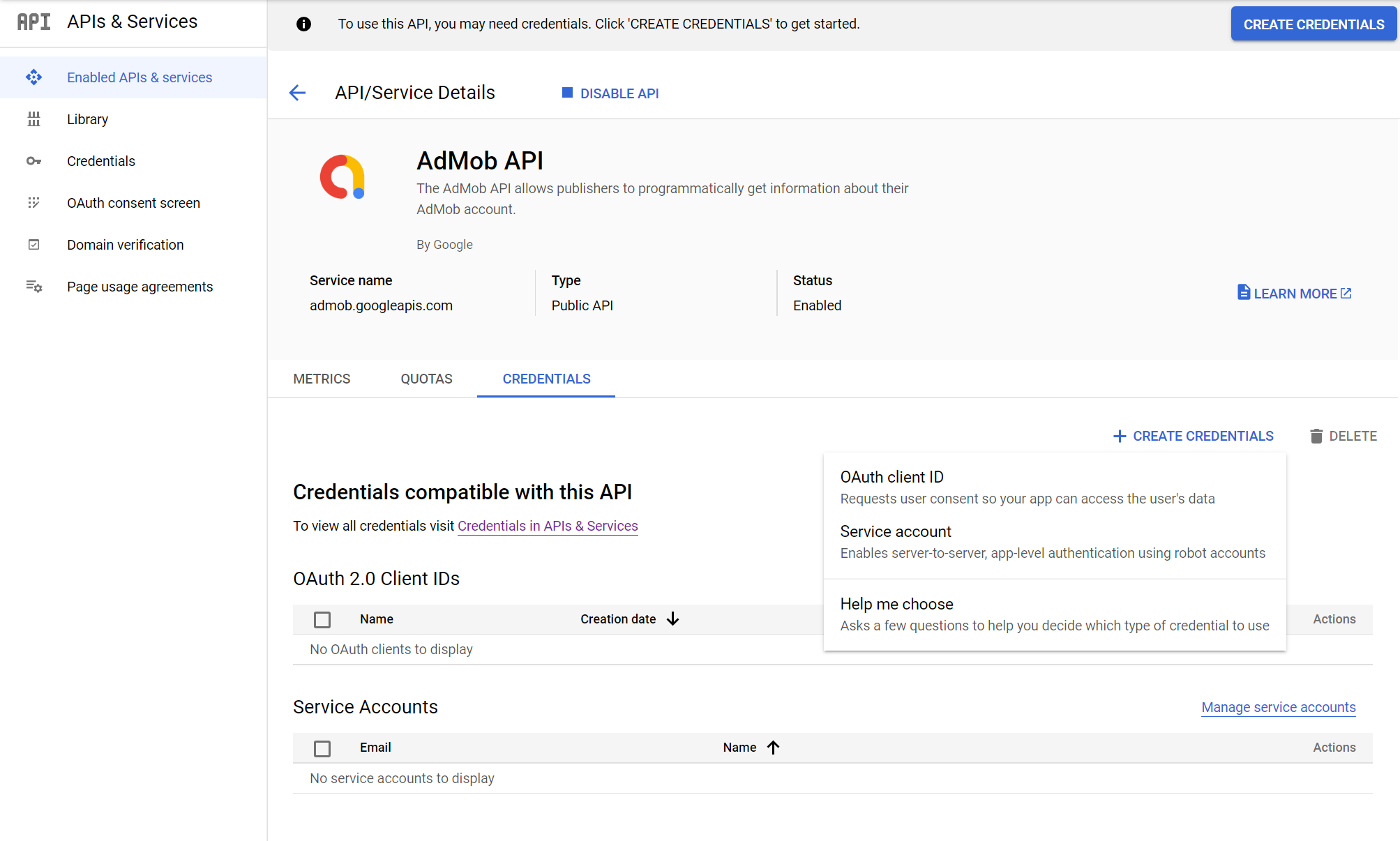 AdMob API 详情页的 CREATE CREDENTIALS 菜单，含 OAuth client ID 和 Help me choose