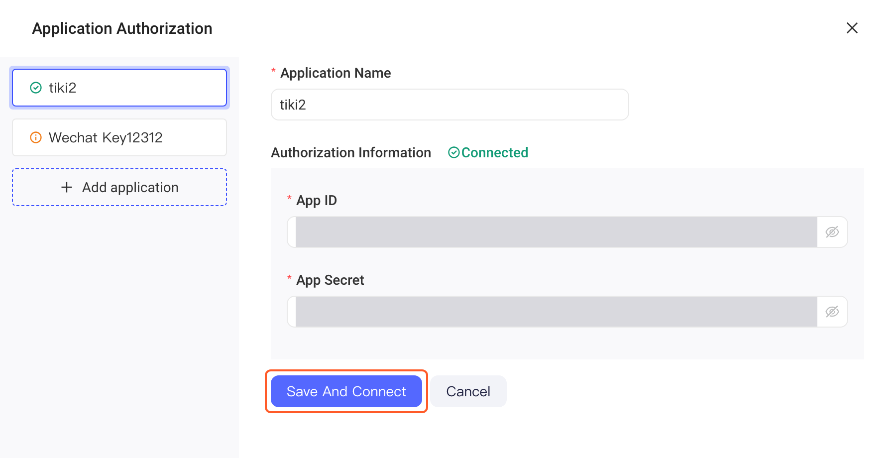 「应用授权」抽屉编辑态：应用名称、连接成功的 APP ID 和 APP Secret，框出「连接并保存」