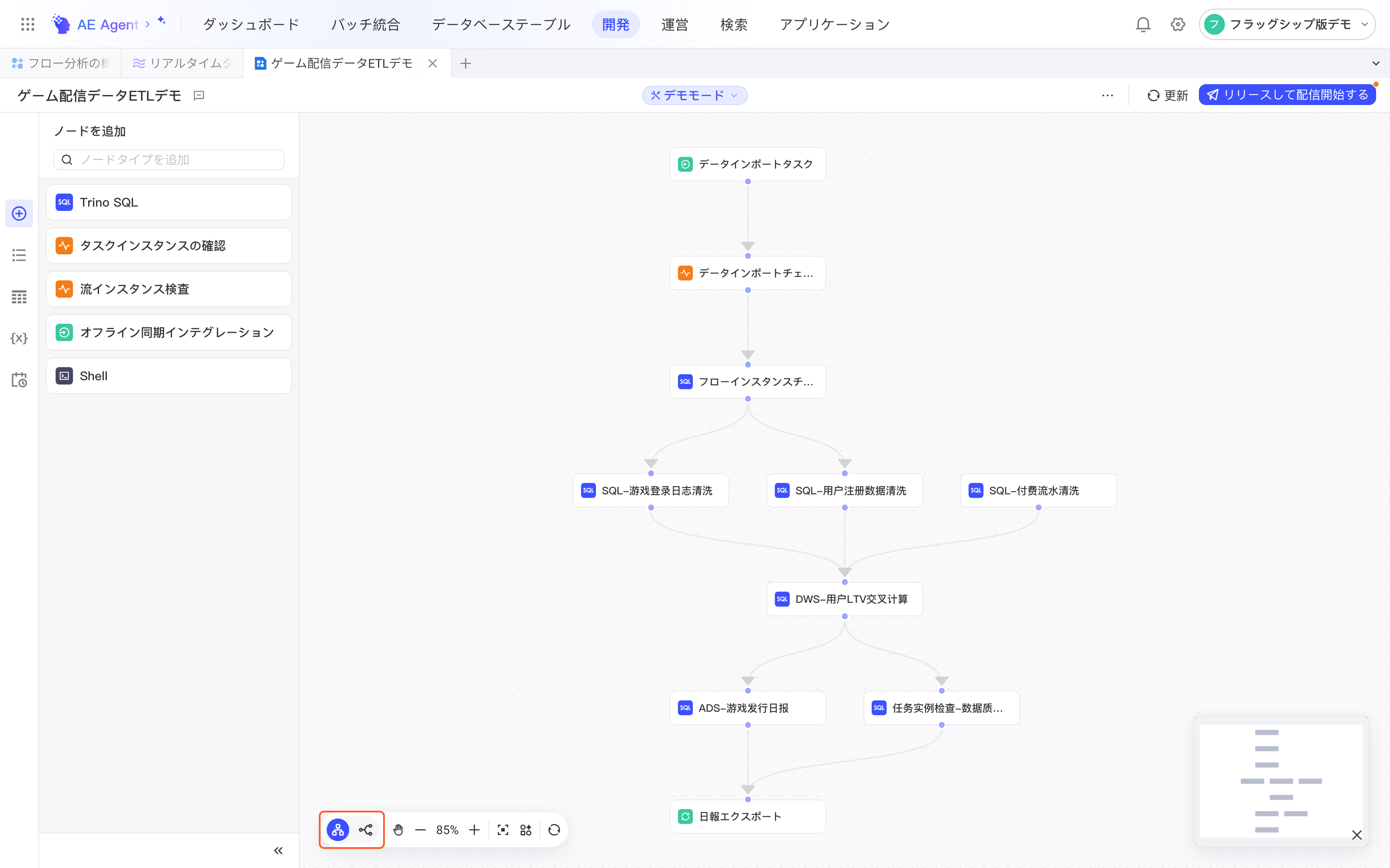 开发模式下的任务流详情页，框出 DAG 工具栏左端的纵向、横向排布切换