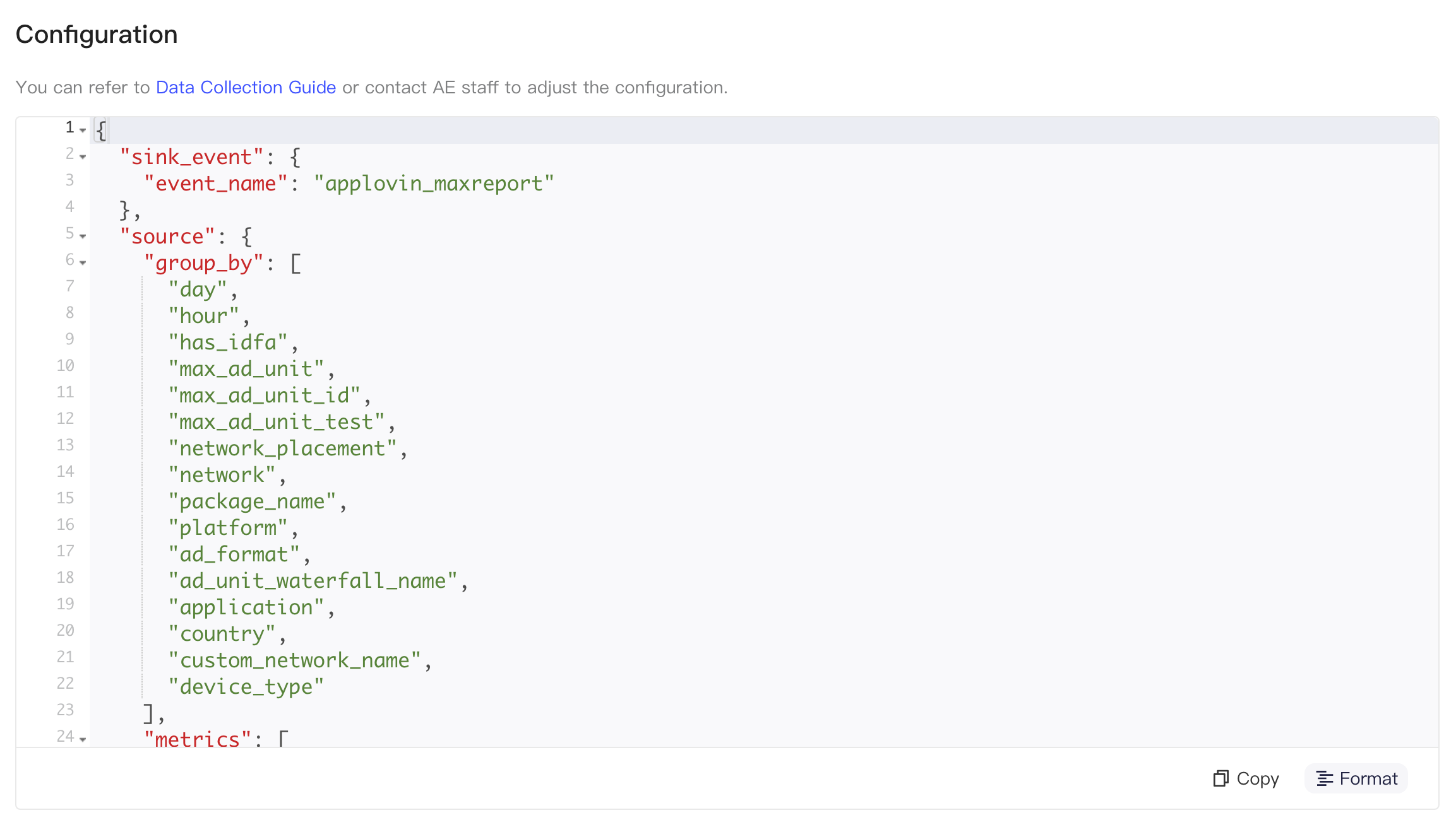 Revenue Reporting API 集成配置 JSON，定义入库事件名、分组维度和指标