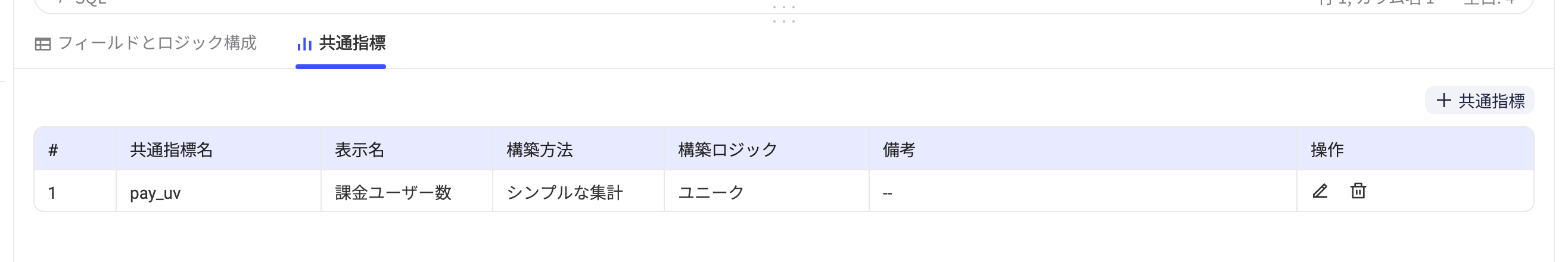 工作表的公共指标列表，列出指标名、显示名、构建方式、构建逻辑及编辑、删除操作