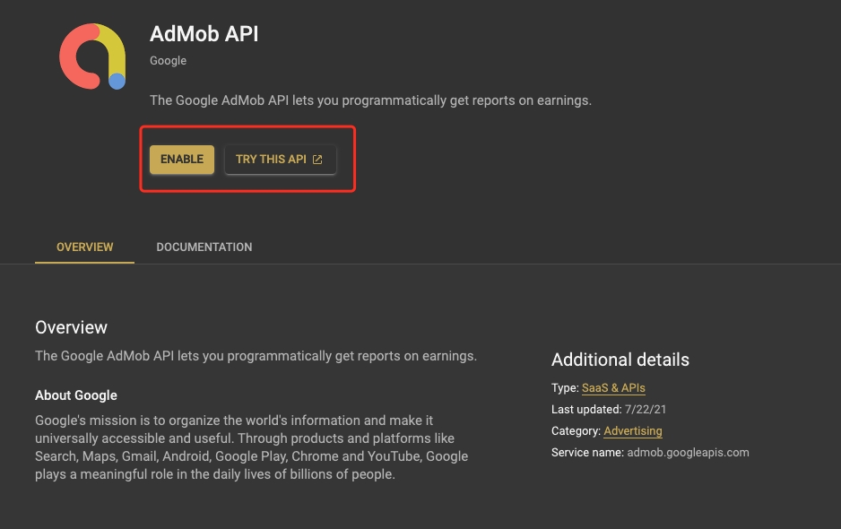 Google Cloud 控制台的 AdMob API 介绍页，框出 ENABLE 和 TRY THIS API 按钮