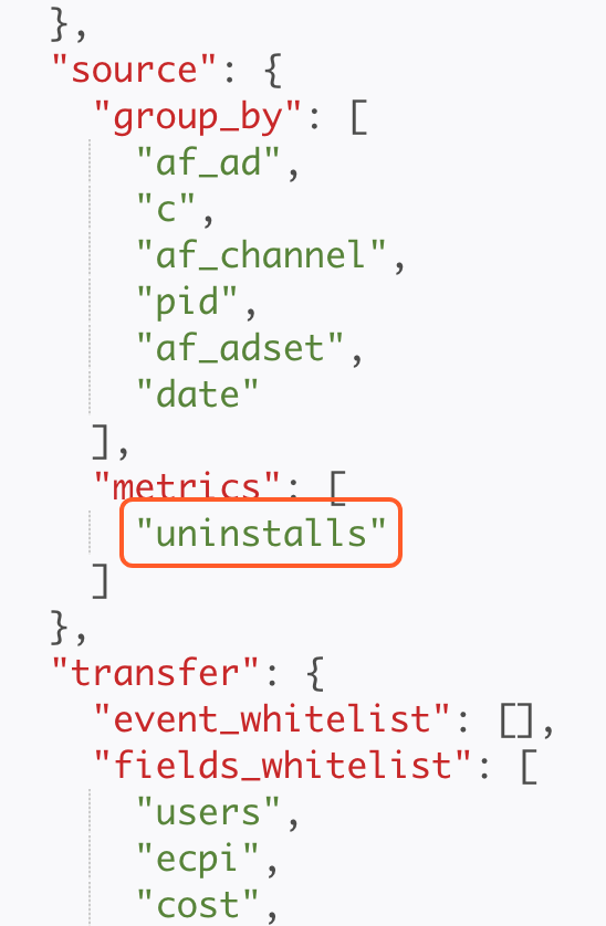 集成配置 JSON 中 source.metrics 改为 uninstalls，框出这一行