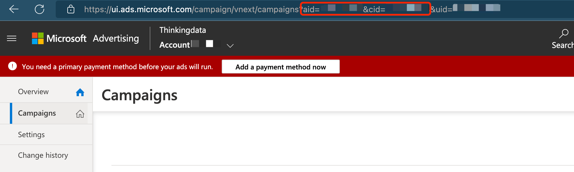 Microsoft Advertising 后台地址栏，框出 aid 和 cid 参数