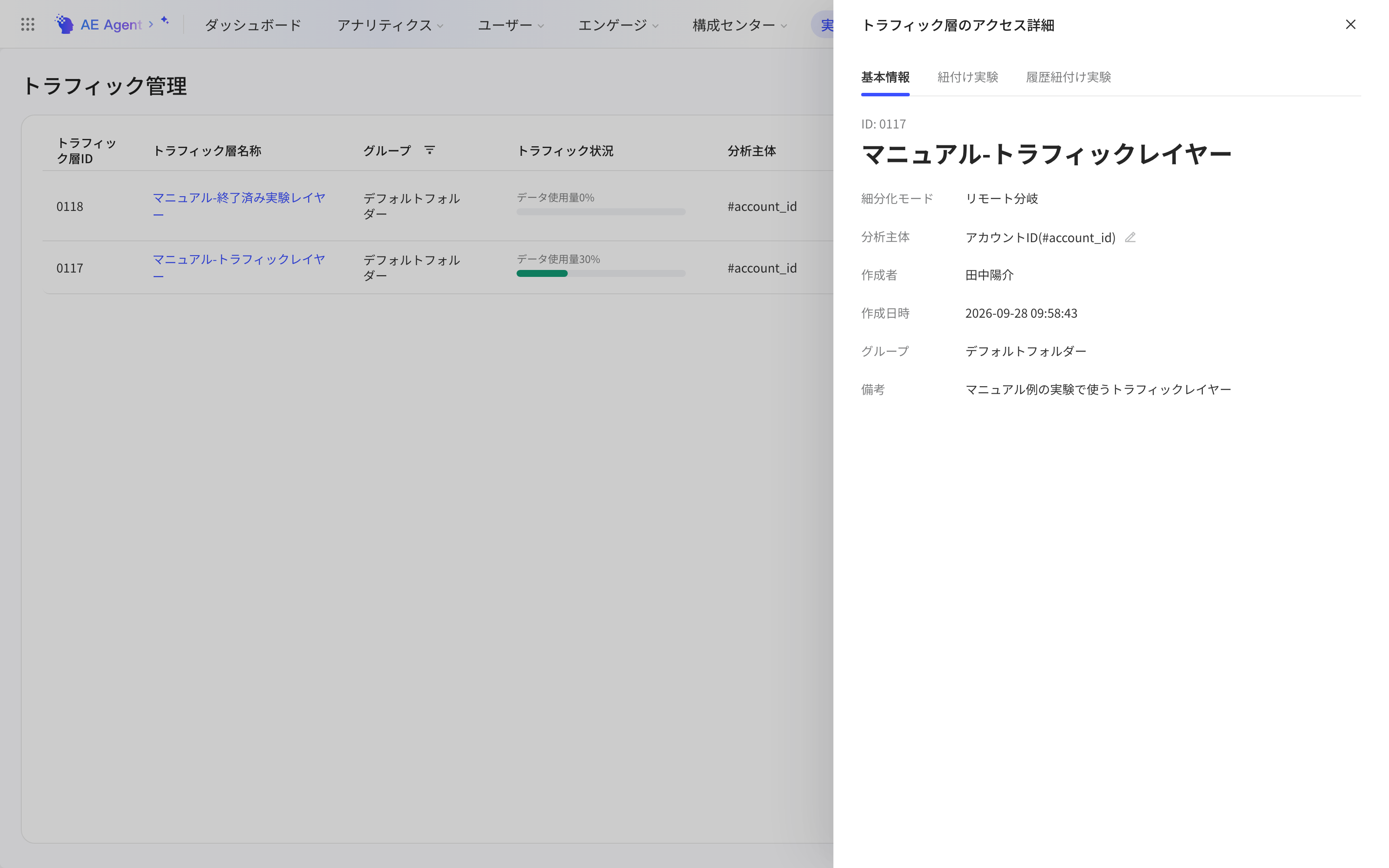 流量层详情抽屉的基本信息页，展示层 ID、分流模式、分流主体、创建信息和备注