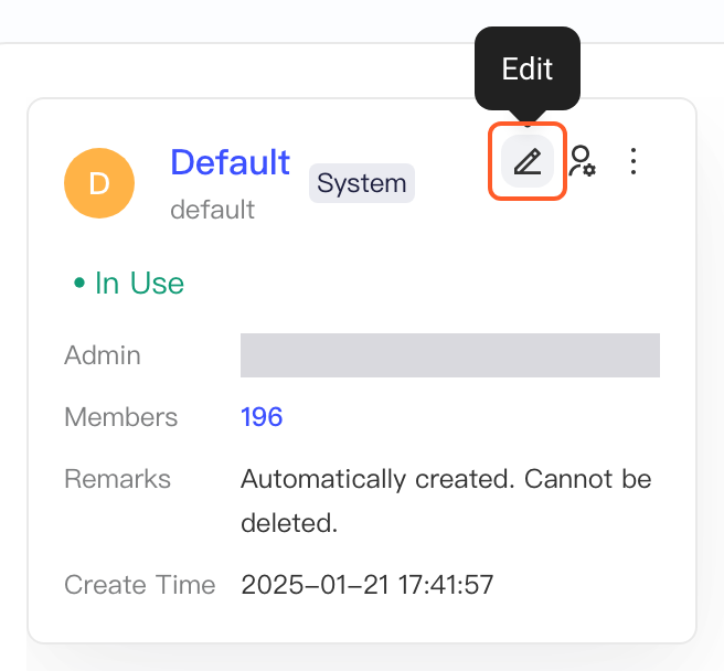 悬停 Default 空间卡片右上角的编辑图标，显示「编辑」提示