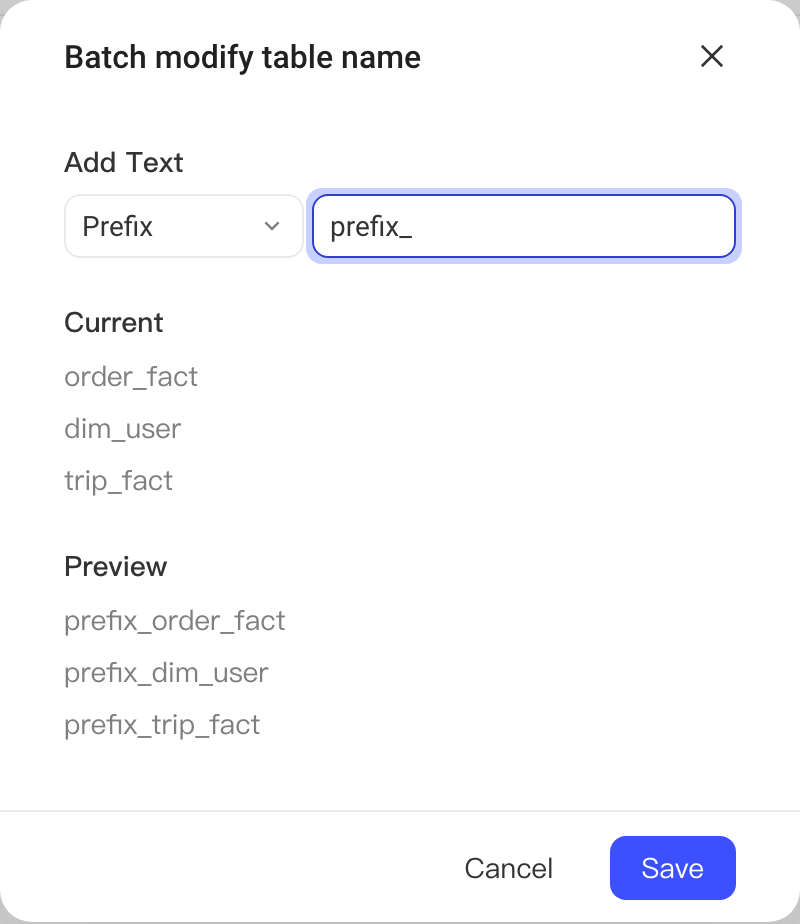 批量修改表名弹窗：添加前缀 prefix_，下方对比当前视图名和预览的新名字