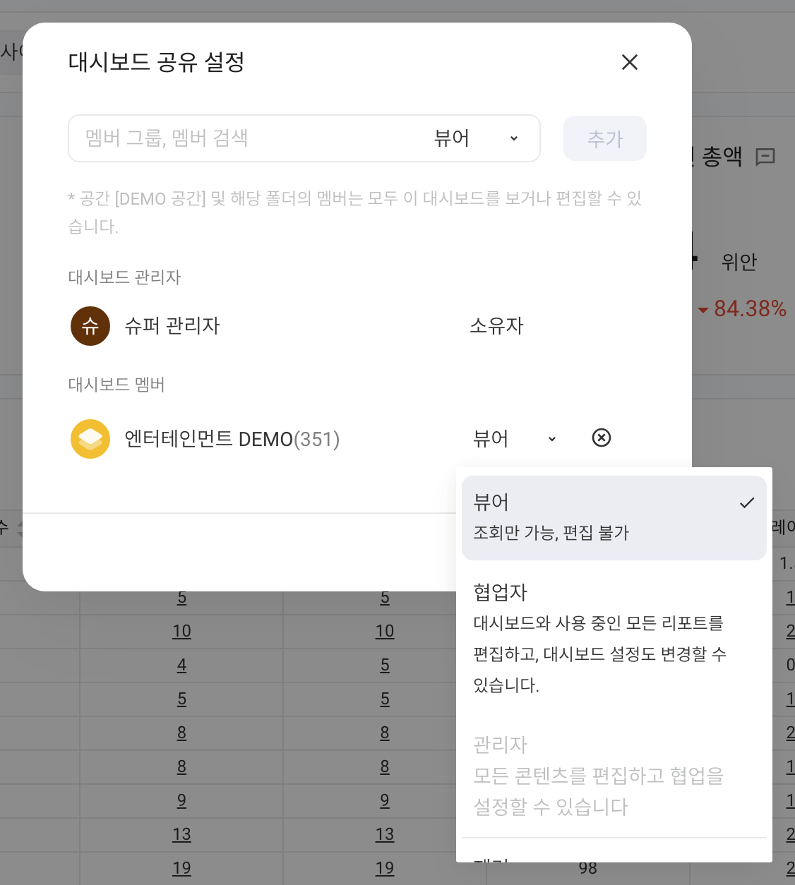 看板共享设置里已共享成员的权限下拉：查看者、协作者、管理员、移除