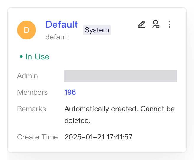 系统默认的 Default 空间信息卡片，显示状态、管理员、成员数、备注和创建时间